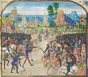 Битва при Пуатье. Миниатюра Лодевика Брюггского из «Хроник» Фруассара. 1470-е