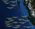 Map of submarine volcanoes on the coast of British Columbia.