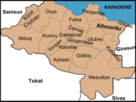 Map showing Mesudiye District in Ordu Province