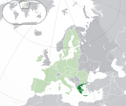 Местоположбата на  Грција  (темнозелена) – на Европскиот континент  (зелена и темносива) – во the Европска Унија  (зелена)  —  [Легенда]