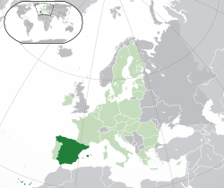  स्पेन के लोकेशन (गहिरा हरियर) – यूरोप (हरियर & गहिरा मटिया) में – दि यूरोपियन यूनियन (हरियर) में