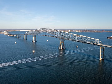 Key Bridge looking to the northeast with Sparrows Point and the Bethlehem Steel Corporation steel mill and shipyards of southeast Baltimore County in the distance, February 2018