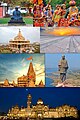 from top and L-R: Sabarmati Ashram, Gujarati attire, Somnath Temple, Rann of Kutch, Dwarkadhish Temple, Statue of Unity, Laxmi Vilas Palace at Vadodara