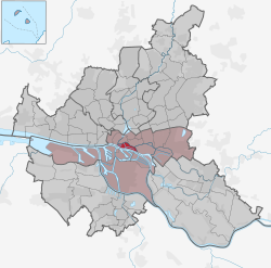 Kaupungin kartta, jossa HafenCity korostettuna.