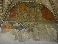 The two frescoes transferred on canvas, but still in the fourth bay of the west wall in the Chiostro Verde