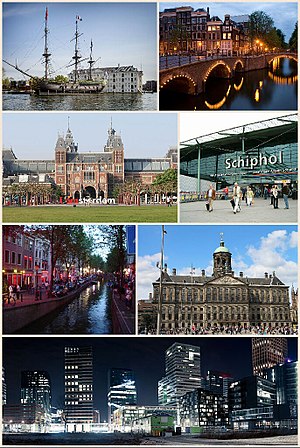 Searah jarum jam: Kanal di Amsterdam, Bandara Internasional Schiphol, Istana Raja, Zuidas, De Wallen, Rijksmuseum, dan Museum Maritim Nasional.