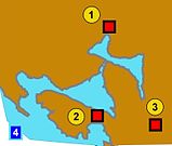 Bahía de Kotor y fortalezas en las colinas: 1) Risan, 2) Gosici, 3) Kremalj (Mirac).