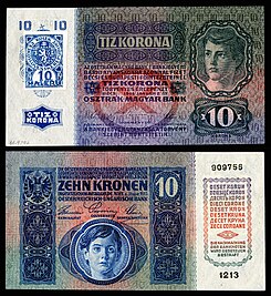 Republic of Czechoslovakia 10 Korun note (1919, provisional and first issue).