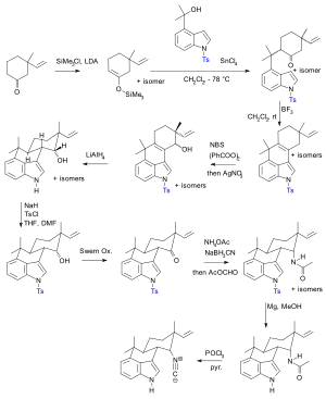 Hapalindol U Muratake 1990 Ts-Schutzgruppensynthese (Schutzgruppen in blau.)