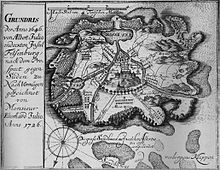 Carte de l'île fictive Insel Felsenburg, imaginée par l'écrivain allemand Johann Gottfried Schnabel en 1731.