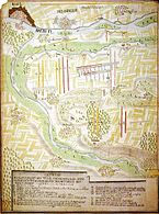 Plan der Schlacht von Friedlingen (Frankreich - gelb; Reichsheer - rot); die Skizze ist nicht nach Norden ausgerichtet; Norden ist rechts