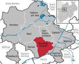 Läget för staden Recklinghausen i Kreis Recklinghausen
