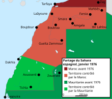 Carte du Sahara occidental. Le sud du pays, jusqu'à une ligne Dakhla-Bir Anzarane est contrôlé par la Mauritanie, la partie nord l'étant par le Maroc.