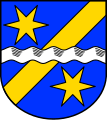 Gemeinde Unterdietfurt In Blau ein goldener Schräglinksbalken, überdeckt von einem silbernen Wellenbalken, oben und unten je ein sechsstrahliger goldener Stern.