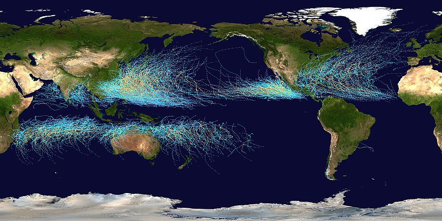 מסלולי כל הסופות הטרופיות שנוצרו בשנים 1985–2005