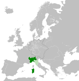 1859년 사르데냐-피에몬테 왕국; 종속국 연한 녹색