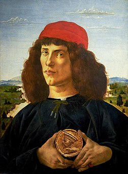 Portrait d'homme avec médaille de Cosme l'ancien, peinture de Sandro Botticelli (vers 1474, musée des Offices, à Florence). (définition réelle 4 692 × 6 324)
