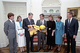 President Ronald Reagan during a photo op with Al Unser Jr., Bobby Unser, Al Unser Sr., Karen Unser, Shelley Unser, and Marsha Unser.jpg