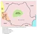 Власи (Румуни) на подручју данашње Румуније у 6-8. веку, према Школском историјском атласу објављеном у Београду 1970. године. Мапа представља гледиште југословенских историчара тога времена.