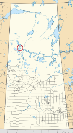 A map of the province of Saskatchewan showing 297 rural municipalities and hundreds of small Indian reserves. One is highlighted with a red circle.