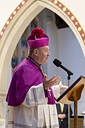 Archbishop Julian Porteous of Hobart wearing an amaranth biretta