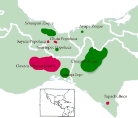 En verde, les llingües zoqueanas de la familia mixe-zoqueana.
