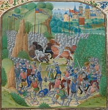 An illuminated manuscript page with colourful, armoured men fighting in the foreground and jousting knights and a castle in the background