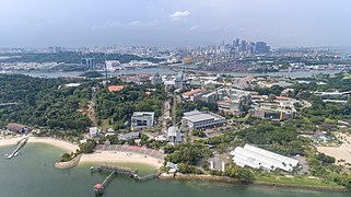 Vue de Sentosa et de l'île de Pulau Ujong au second plan.