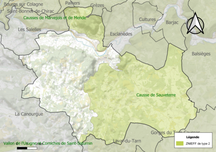 Carte des ZNIEFF de type 2 sur la commune.