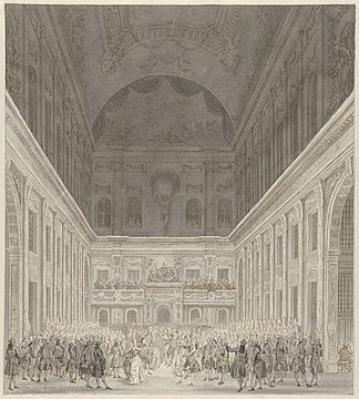 Inkomst van stadhouder Willem V en Wilhelmina van Pruisen te Amsterdam. Tekening van het bal in de zaal van het stadhuis in 1768