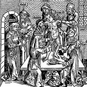 Pintura difamatoria de los Judíos realizando el Libelo de sangre, sacrificio humano a través de la extracción de sangre y corazón. Schedel en el Weltchronik 1493