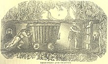 Lithograph showing a cross-section of a coal mine tunnel with two people pushing a coal cart and one boy opening a wooden door.