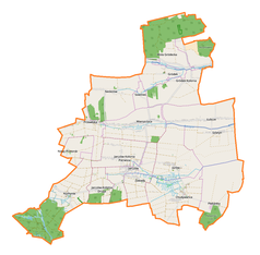 Mapa konturowa gminy Jarczów, na dole po lewej znajduje się punkt z opisem „Korhynie”