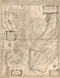 Kart som viser jesuitt-provinsen i Paraguay og tilstøtende områder, samt de viktigste misjonsstasjoner og reiser. Misjonsstasjonene i Chiquitos ligger i skogsområder mellom elvene San Miguel i vest og Paraguay i sør. En sti går fra Santa Cruz de la Sierra til San Javier.