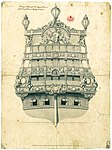 Ritning på akterspegeln till skeppet Kronan av Francis Sheldon, 1660.
