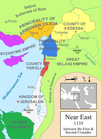 The Crusader states (in shades of green) and other nation-states of the Levante in 1135 CE. -> Deutsch -> Ελληνικά