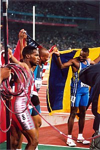 Olympiska spelen i Sydney 2000, från vänster till höger: Ato Boldon, Maurice Greene, Obadele Thompson