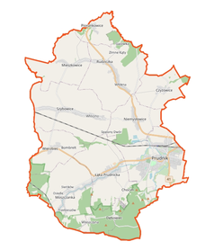 Mapa konturowa gminy Prudnik, po prawej znajduje się punkt z opisem „ZPB „Frotex” S.A.”