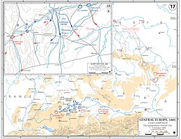 Map with blue scattered lines showing the advance of the French army to the rear of the Austrians, whose actions are shown with red scattered lines.