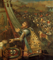 Johan I van Portugal belooft de bouw van het klooster van Batalha voor de Slag bij Aljubarrota