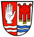 Landkreis Lindau (Bodensee) alt (1862–1972) Gespalten von Rot und Silber; vorne eine aufrechte silberne Hand, hinten eine dreilatzige, golden befranste rote Fahne; unten zwei von Silber und Blau gespaltene Wellenbalken.