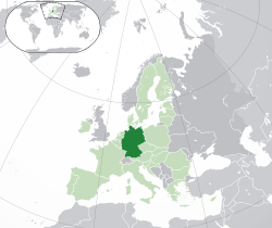 Местоположбата на  Германија  (темнозелена) – на Европскиот континент  (зелена и темнозелена) – во Европската Унија  (зелена)  —  [Легенда]