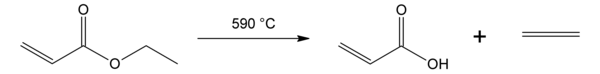 Pirolisis etil akrilat terurai menjadi asam akrilat serta gas etena pada 590 °C.