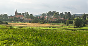 Panorama wsi Kraszewo (powiat lidzbarski), widok od strony drogi z Jarandowa.