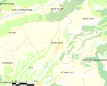 Carte élémentaire montrant les limites de la commune, les communes voisines, les zones de végétation et les routes