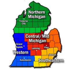 Southern Michigan is located between the Western and Southeastern regions of Michigan.