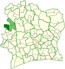 Location in Ivory Coast. Ouaninou Department in dark green, Bafing region in light green.