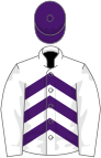 White and purple chevrons, white sleeves, purple cap