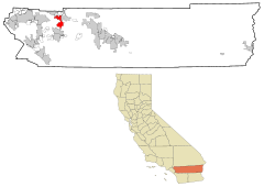 Lage von Beaumont im Riverside County (oben) und in Kalifornien (unten)