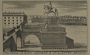 Illustration of Essex Bridge and the statue of George I, taken from Brooking's 1720s map of Dublin, prior to Semple's rebuild of the 1750s